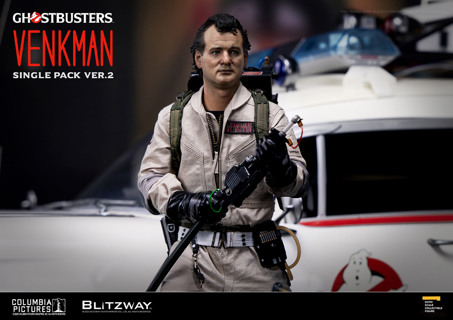 Blitzway Ghostbusters Venkman Single Pack Ver.2 1/6 Scale Action Figure – Peter Venkman posed with proton pack in front of Ecto-1 from Ghostbusters.