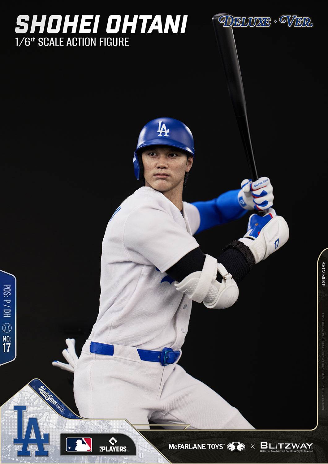 Close-up of the Shohei Ohtani 1/6 Scale Action Figure DX Version by McFarlane Toys x Blitzway in a batting pose, featuring a realistic head sculpt, Los Angeles Dodgers uniform, and officially licensed MLB collectible details.