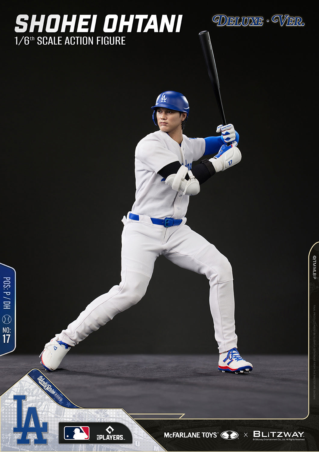 Shohei Ohtani 1/6 Scale Action Figure DX Version by McFarlane Toys x Blitzway displayed in a dynamic batting stance wearing the Los Angeles Dodgers uniform with realistic sculpt and officially licensed MLB collectible details.