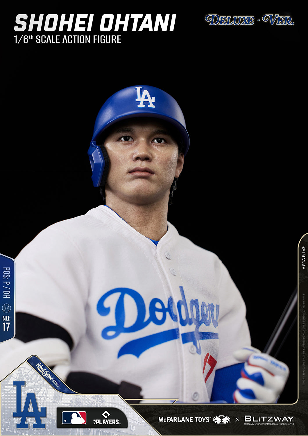 Close-up of the Shohei Ohtani 1/6 Scale Action Figure DX Version by McFarlane Toys x Blitzway, showcasing the realistic head sculpt, Los Angeles Dodgers jersey, batting helmet, and officially licensed MLB collectible details.