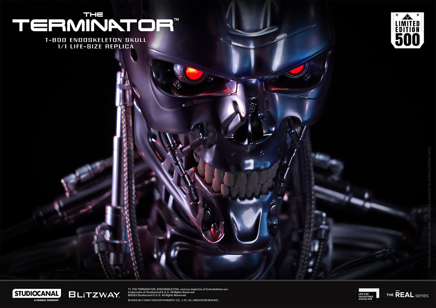 close-up front view of the T-800 Endoskeleton Skull 1:1 life-size replica, highlighting its metallic surface, red LED eyes, and menacing expression.