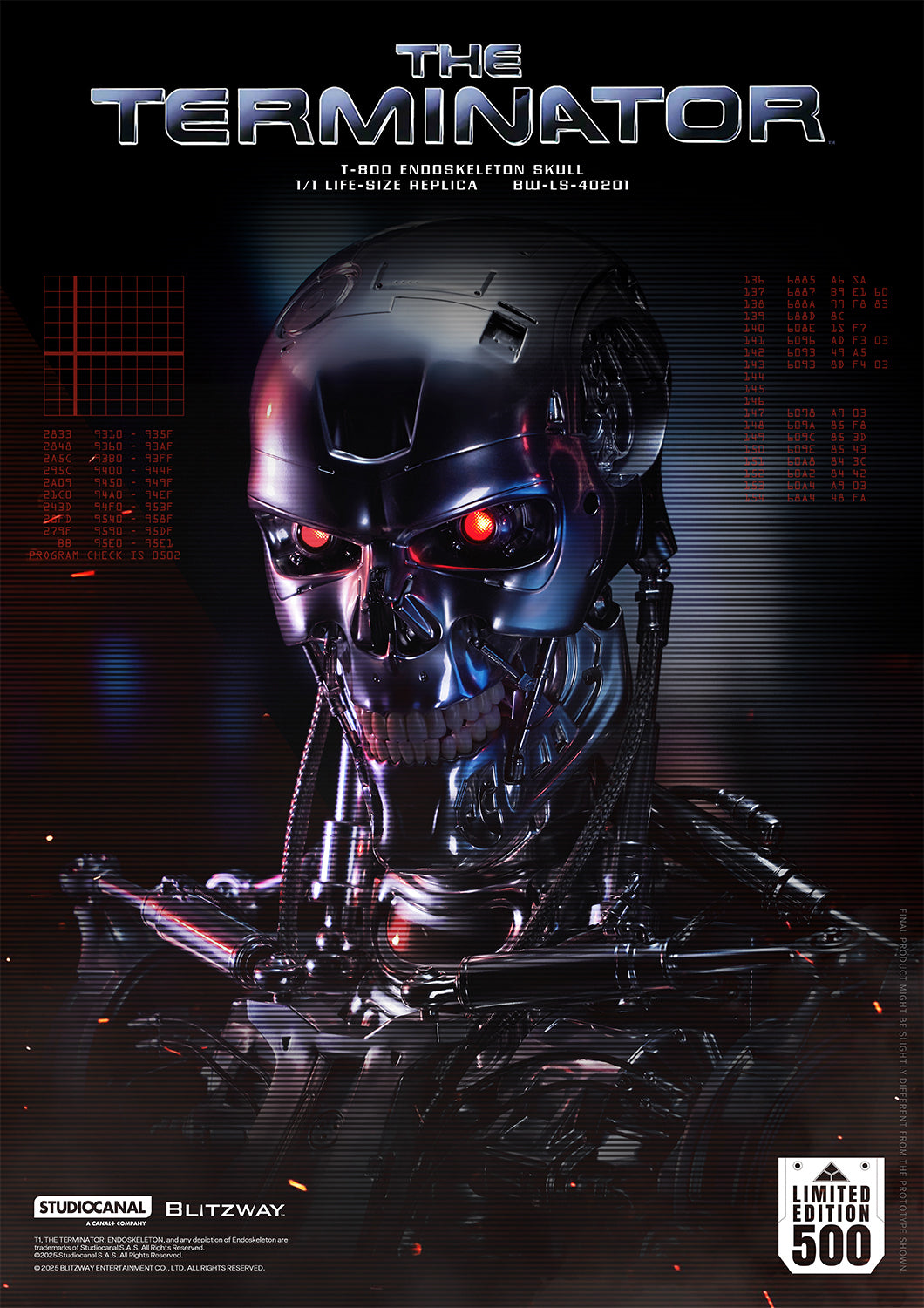 Life-size replica of the T-800 Endoskeleton Skull from The Terminator, featuring glowing red eyes and metallic detailing, limited to 500 pieces.