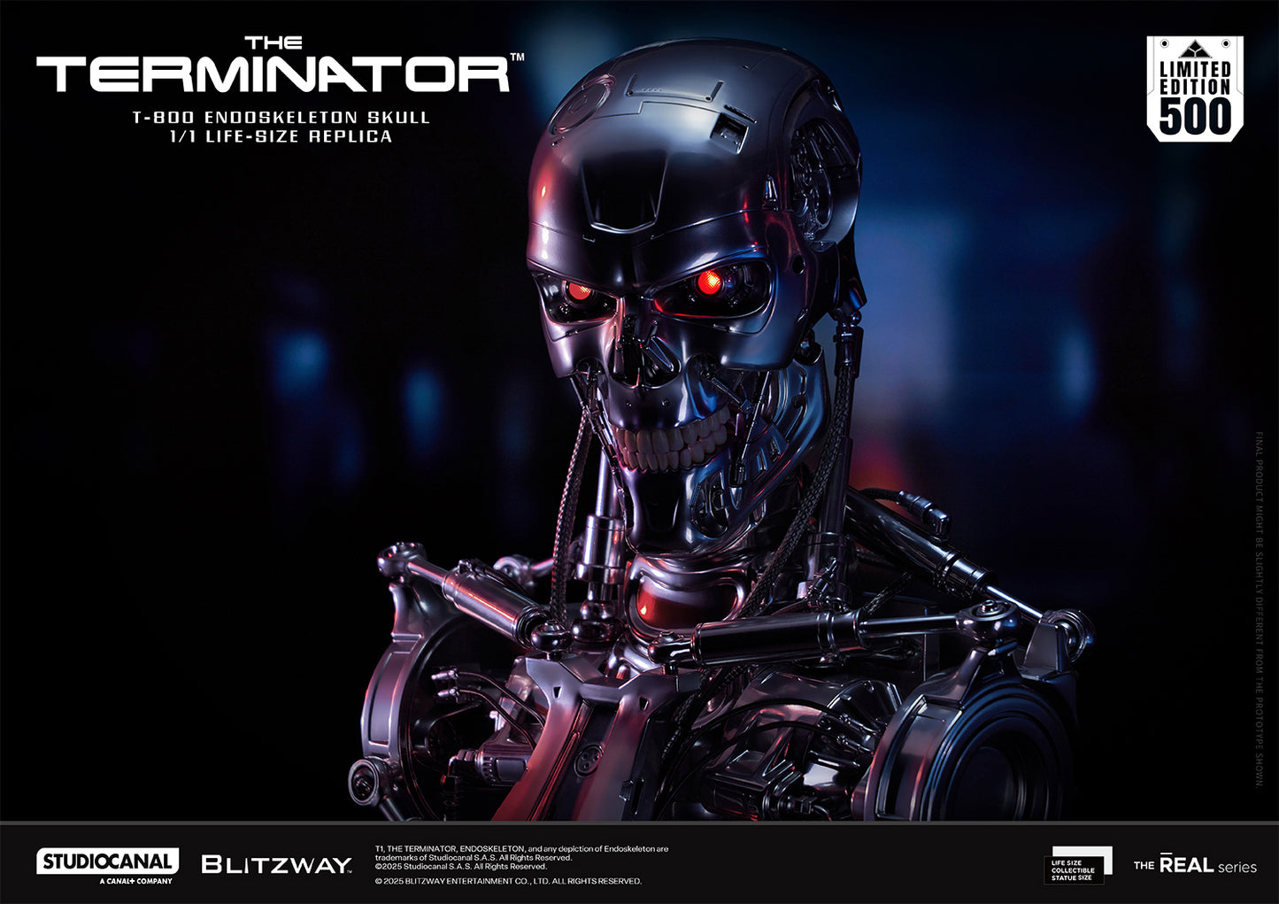 Full bust view of the T-800 Endoskeleton Skull 1:1 life-size replica from The Terminator, featuring glowing red eyes and intricate mechanical design.