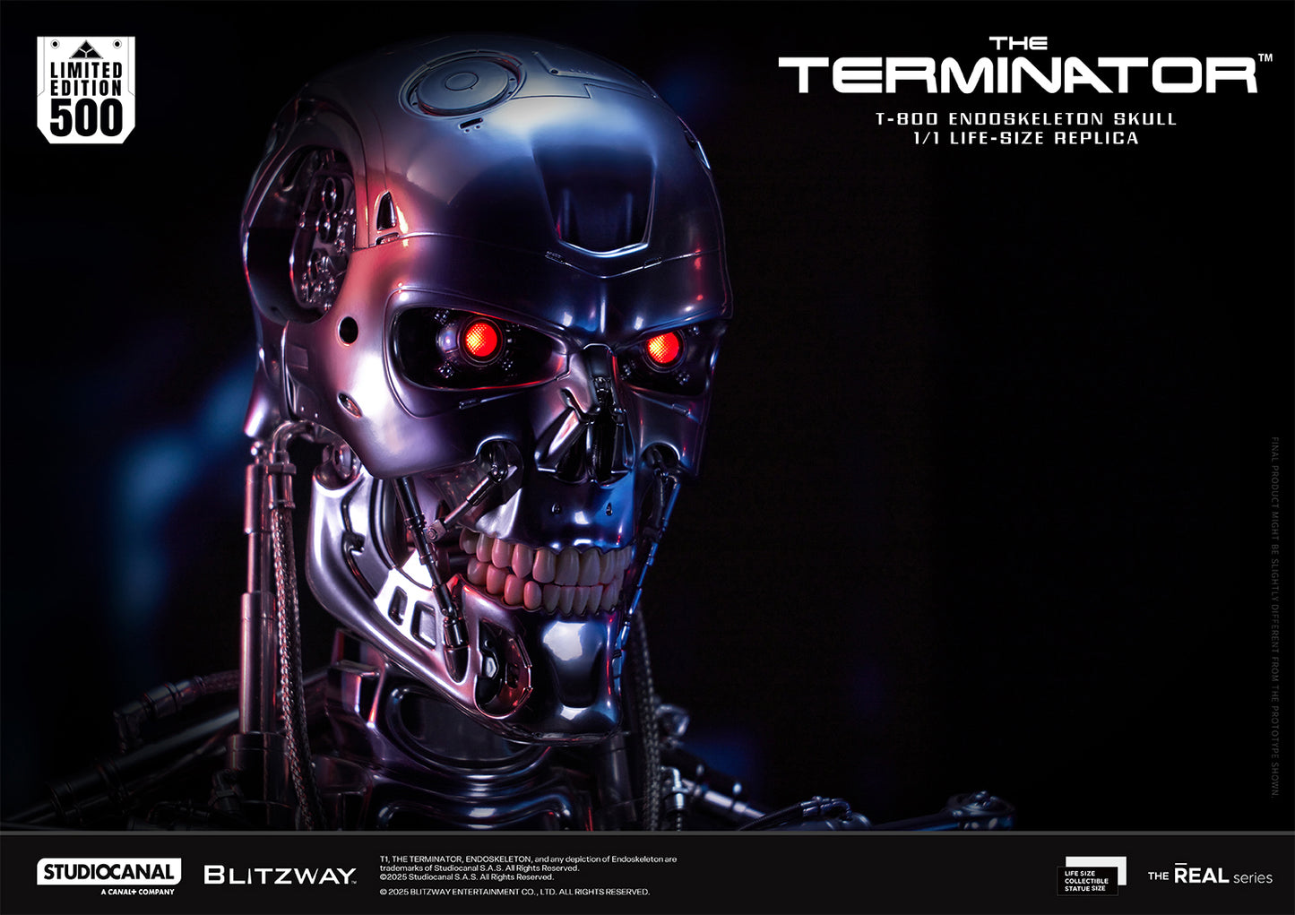 Side view of the T-800 Endoskeleton Skull 1:1 life-size replica from The Terminator, featuring red LED eyes and intricate chrome detailing.