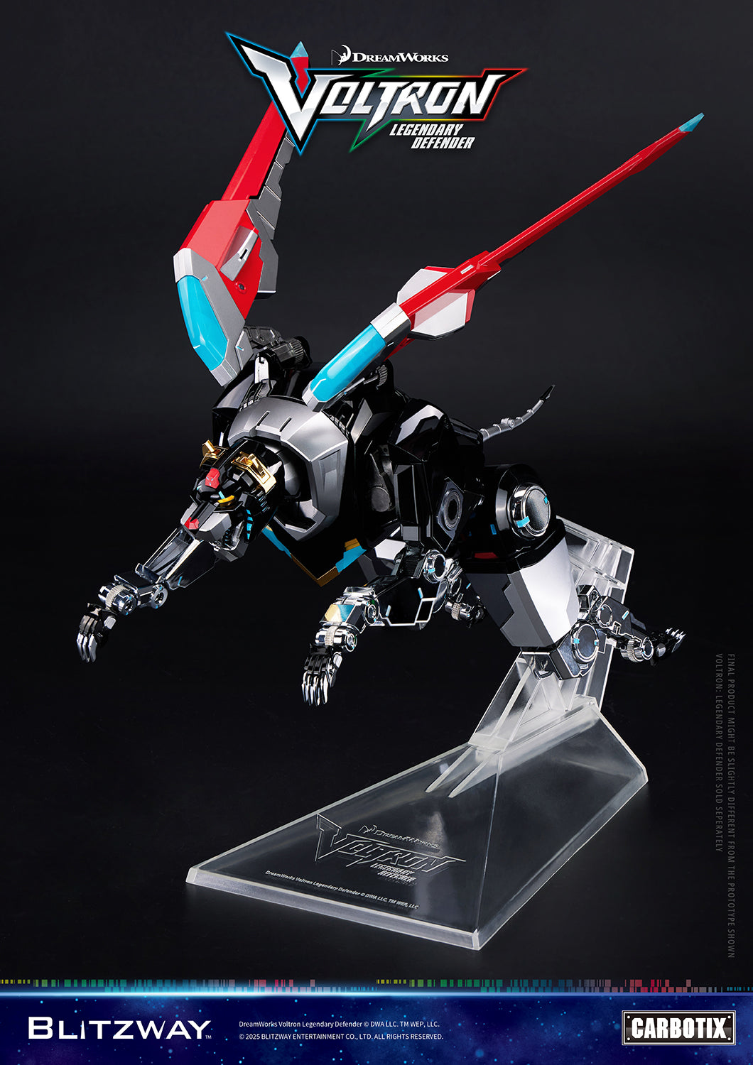 Voltron Legendary Defender black lion displayed on Lion Flight Stand in dynamic flight mode pose