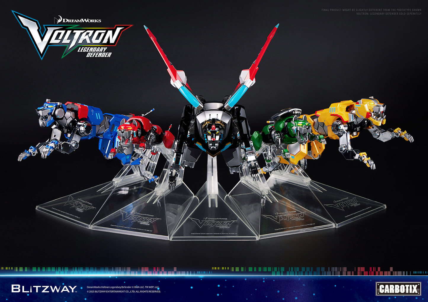 Voltron Legendary Defender five lions displayed on Lion Flight Stand full set dynamic formation