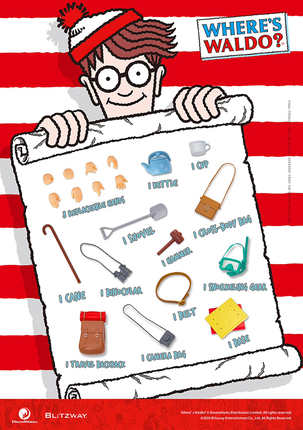 Where's Waldo 1/12 scale Action Figure accessories set including interchangeable hands, travel gear and display base