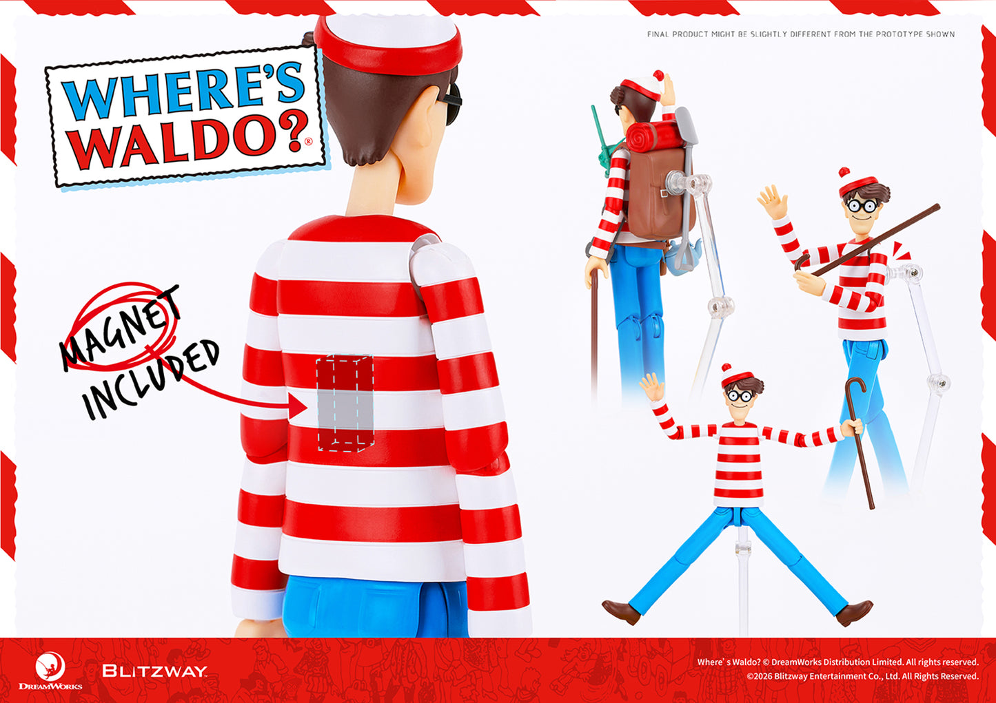 Where's Waldo 1/12 scale Action Figure feature overview showing magnet attachment and articulated pose options