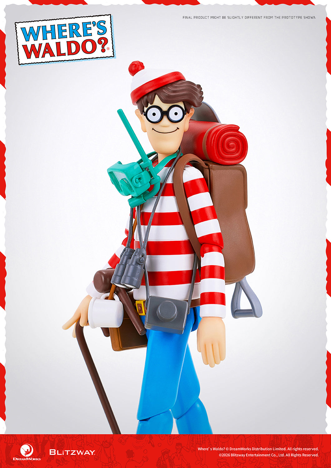 Where's Waldo 1/12 scale Action Figure full body view with travel gear on clean background