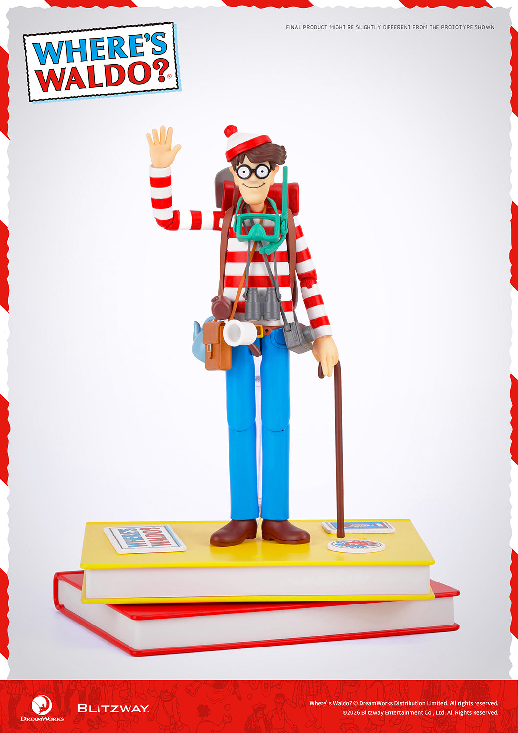 Where's Waldo 1/12 scale Action Figure full body display standing on book base with accessories