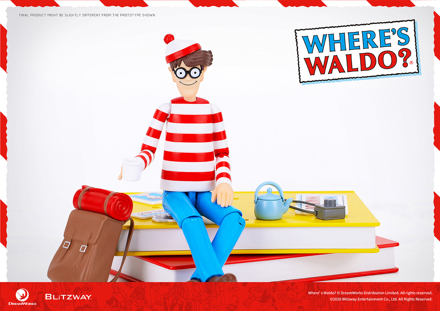 Where's Waldo 1/12 scale Action Figure sitting pose with prop details including teapot, camera and travel accessories