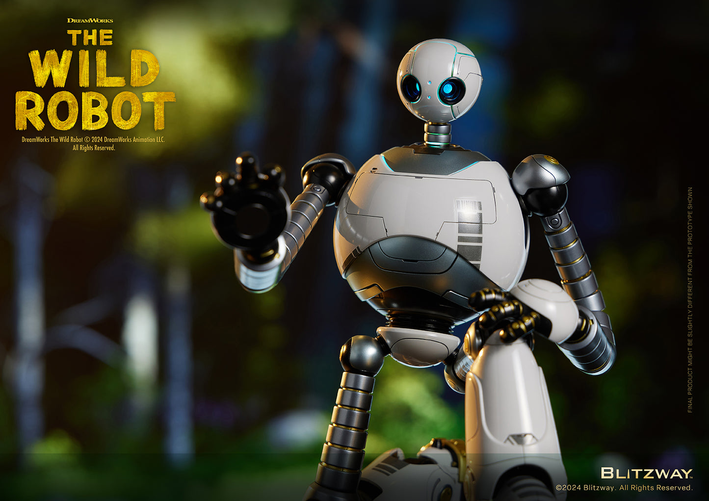 The Wild Robot collectible figure in an action pose with one hand reaching forward, set against a blurred forest background.