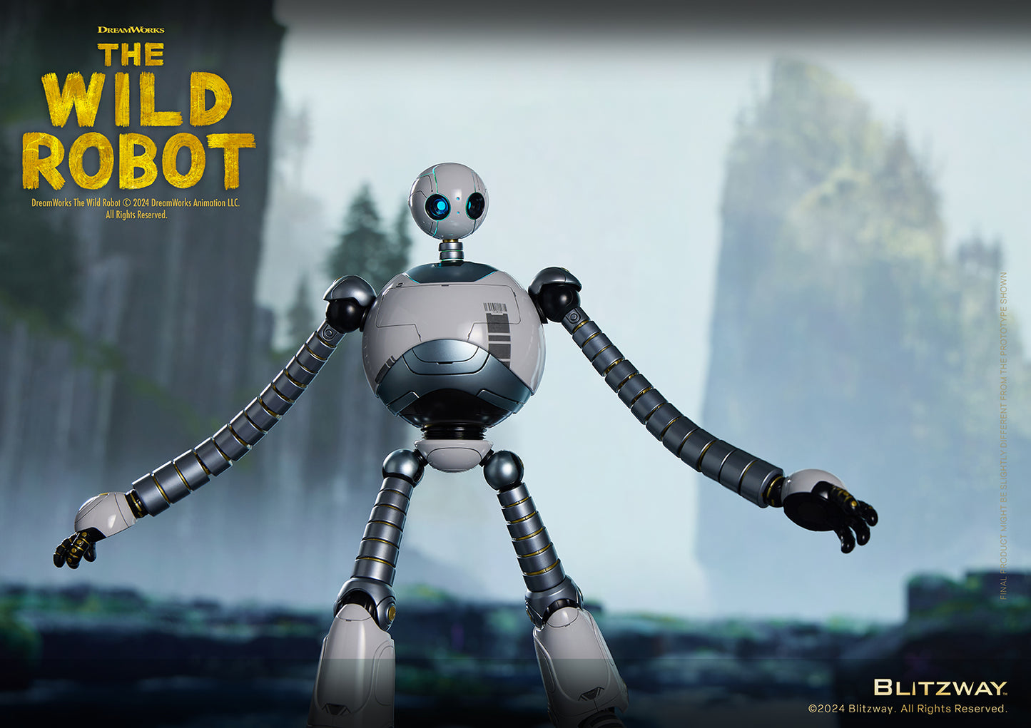 ull-body image of The Wild Robot figure with arms outstretched in front of a misty forest cliff scene.