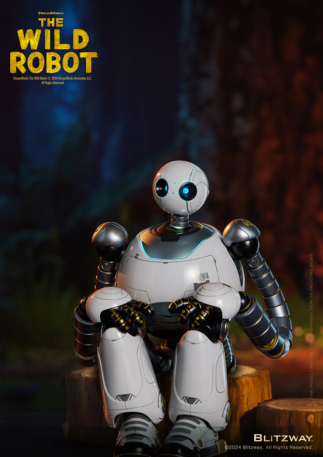 The Wild Robot collectible figure sitting on a wooden stump with its arms wrapped around its knees, gazing thoughtfully ahead.