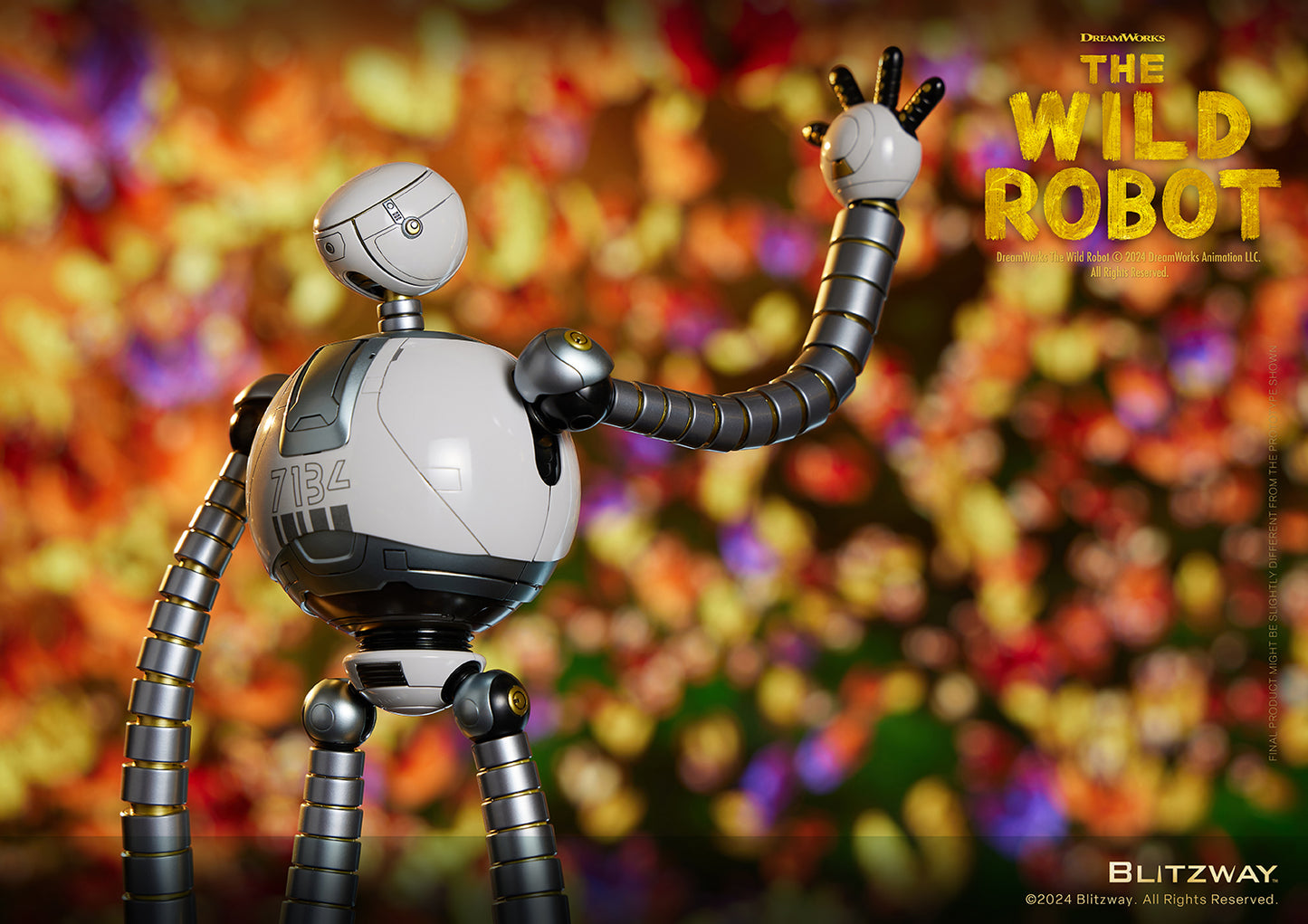 The Wild Robot figure waving with right hand raised, displaying unit number 7134 on its back, set against a colorful blurred floral background.