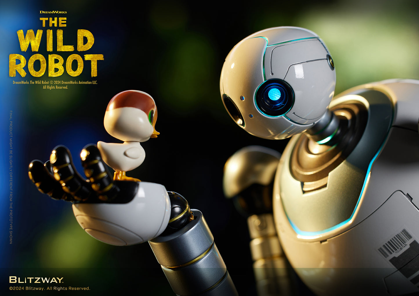 The Wild Robot collectible figure gently holding a small bird companion, with a glowing blue eye and detailed robotic design in a forest-themed background.